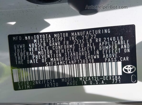 5YFS4MCE4NP138018 2022 TOYOTA COROLLA Белый Вид подкапотного пространства