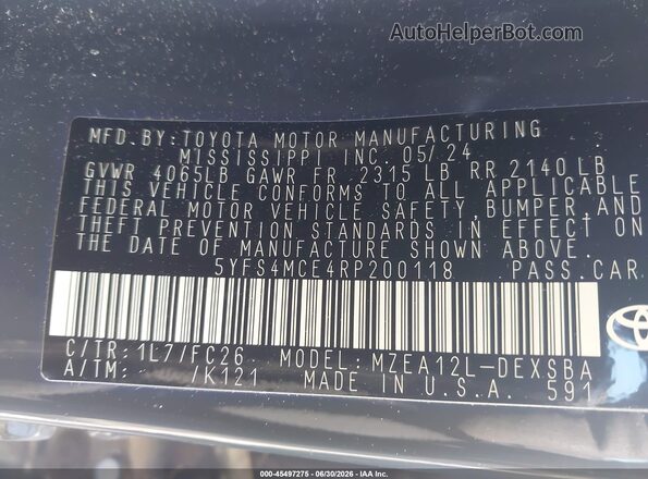 5YFS4MCE4RP200118 2024 TOYOTA COROLLA Gray Engine compartment view
