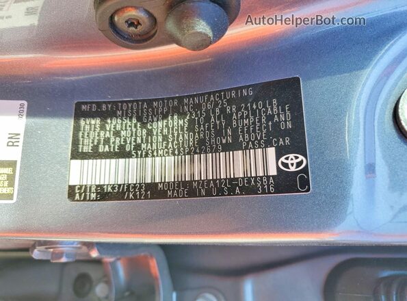 5YFS4MCE4SP242679 2025 TOYOTA COROLLA Blue Вид наклейки з VIN-кодом