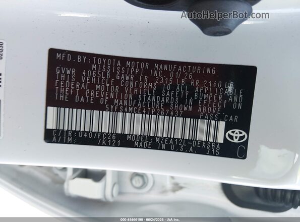 5YFS4MCE4TP267437 2026 TOYOTA COROLLA White Vista del compartimento del motor