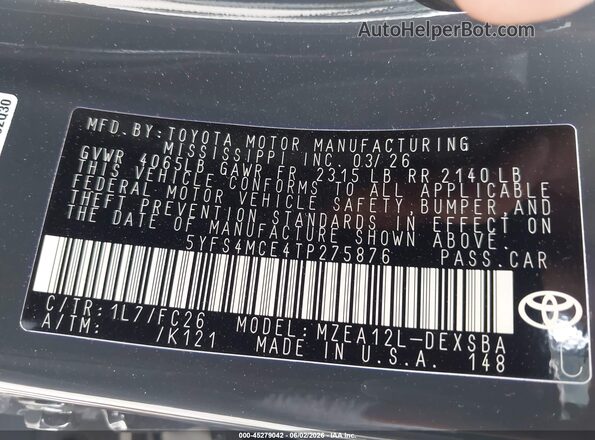 5YFS4MCE4TP275876 2026 TOYOTA COROLLA Серый Вид подкапотного пространства