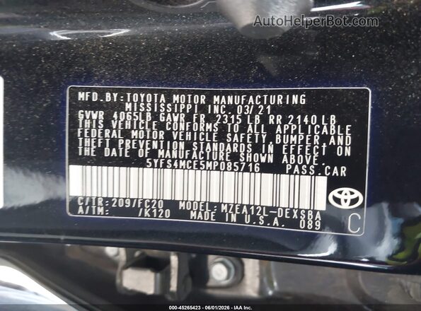 5YFS4MCE5MP085716 2021 TOYOTA COROLLA Black ძრავის განყოფილების ხედი