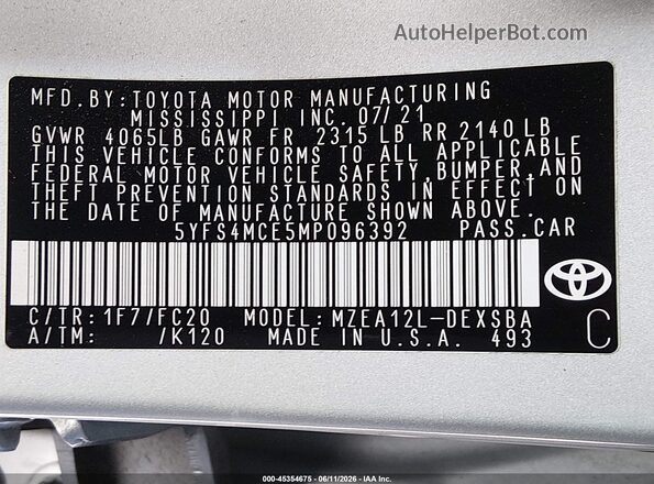 5YFS4MCE5MP096392 2021 TOYOTA COROLLA Silver Вид підкапотного простору