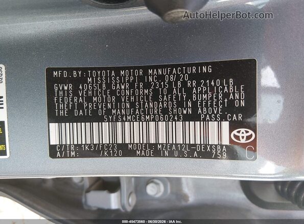 5YFS4MCE6MP060243 2021 TOYOTA COROLLA Blue Вид підкапотного простору