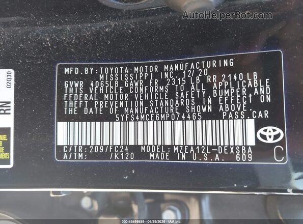 5YFS4MCE6MP074465 2021 TOYOTA COROLLA Black Вид підкапотного простору