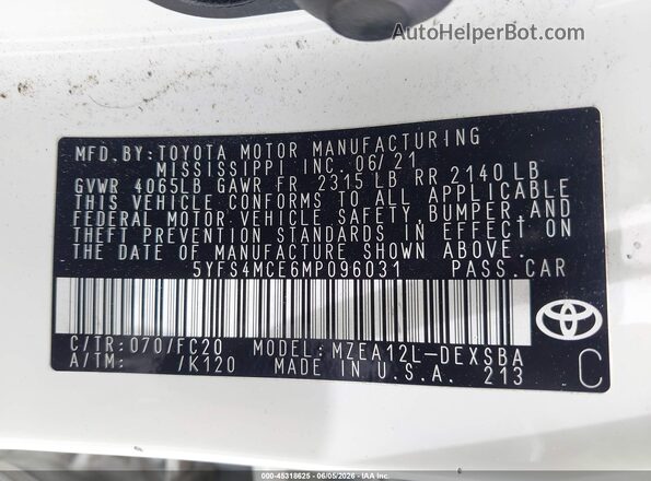 5YFS4MCE6MP096031 2021 TOYOTA COROLLA White Engine compartment view