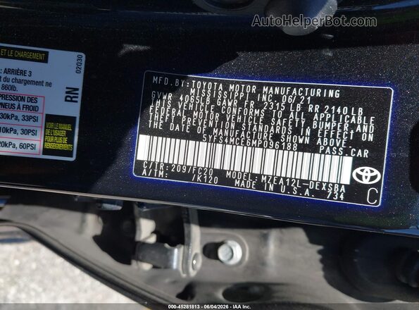 5YFS4MCE6MP096188 2021 TOYOTA COROLLA Black Vista del compartimento del motor