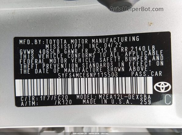 5YFS4MCE6NP115503 2022 TOYOTA COROLLA Silver Вид підкапотного простору