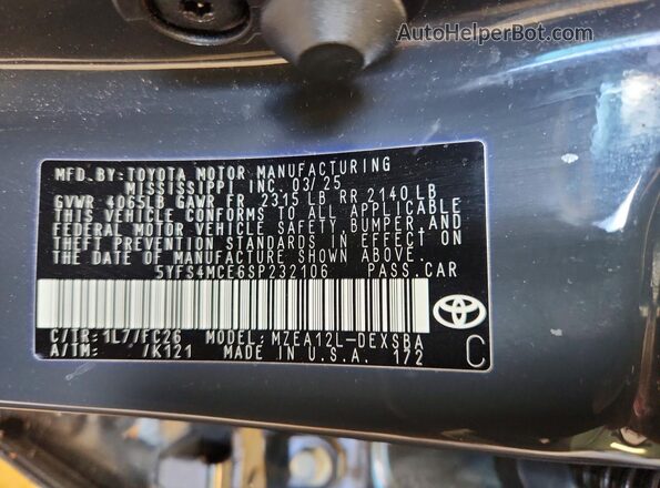 5YFS4MCE6SP232106 2025 TOYOTA COROLLA Charcoal 
