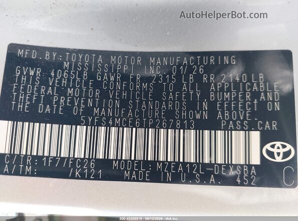 5YFS4MCE6TP267813 2026 TOYOTA COROLLA Silver Շարժիչի բաժամունքի տեսք
