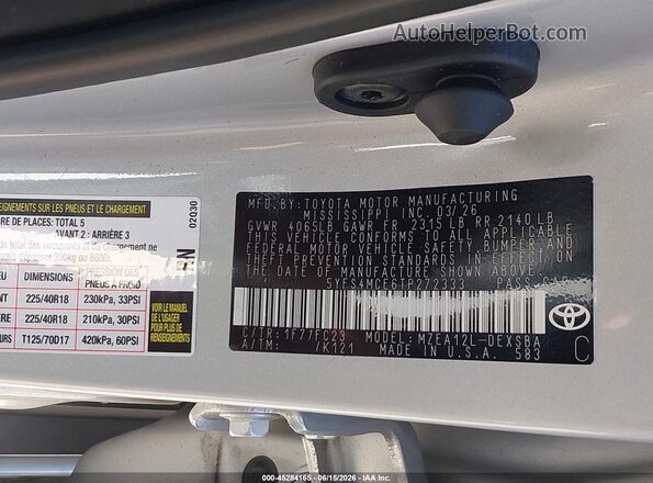 5YFS4MCE6TP272333 2026 TOYOTA COROLLA Silver Вид підкапотного простору