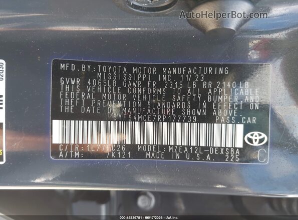 5YFS4MCE7RP177739 2024 TOYOTA COROLLA Gray Widok komory silnika