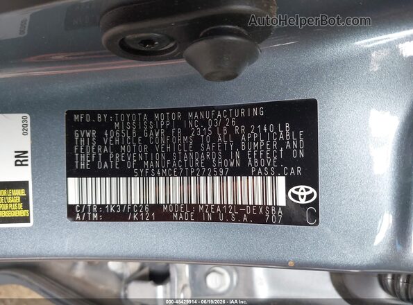 5YFS4MCE7TP272597 2026 TOYOTA COROLLA Blue Вид підкапотного простору