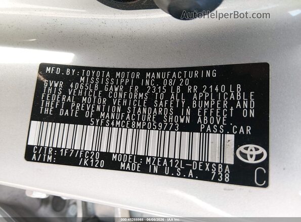 5YFS4MCE8MP059773 2021 TOYOTA COROLLA Silver Вид підкапотного простору