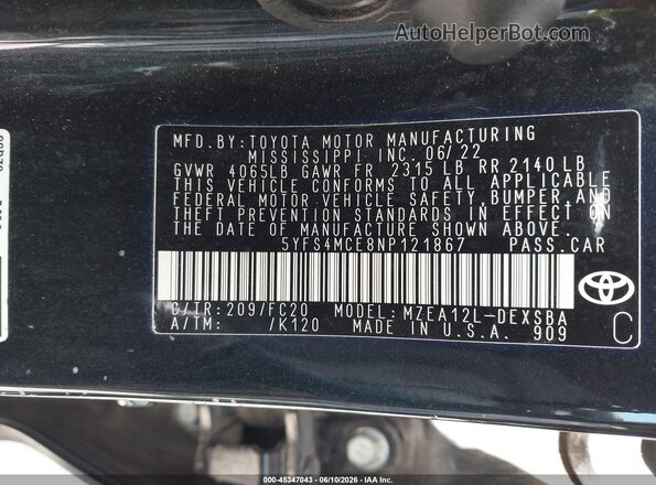 5YFS4MCE8NP121867 2022 TOYOTA COROLLA Black Widok komory silnika