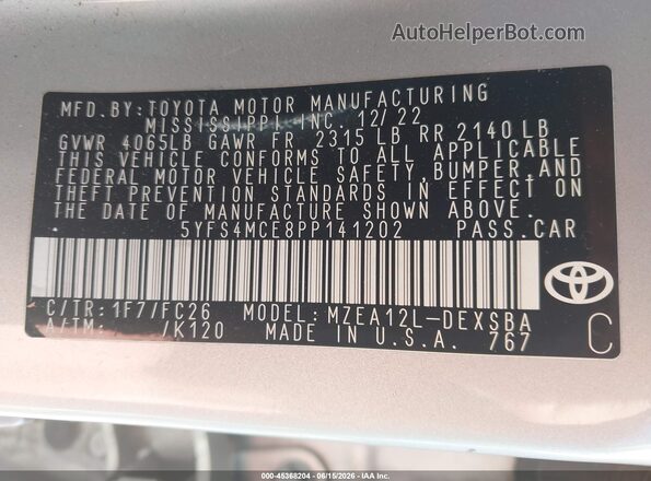 5YFS4MCE8PP141202 2023 TOYOTA COROLLA Silver Շարժիչի բաժամունքի տեսք