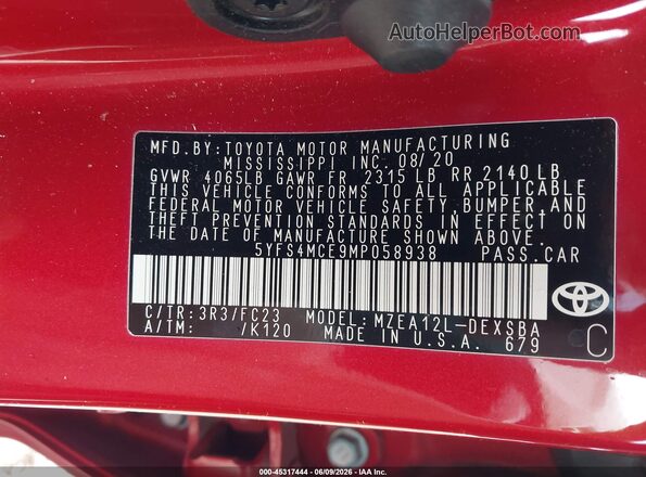 5YFS4MCE9MP058938 2021 TOYOTA COROLLA Красный Вид подкапотного пространства