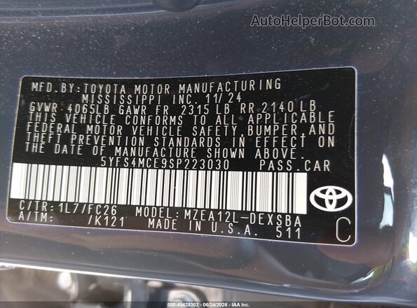 5YFS4MCE9SP223030 2025 TOYOTA COROLLA Gray Engine compartment view