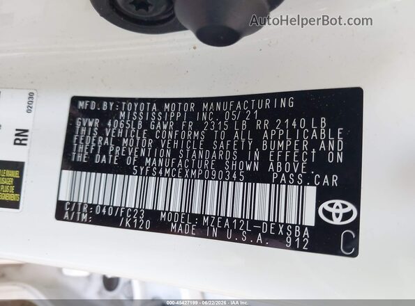 5YFS4MCEXMP090345 2021 TOYOTA COROLLA White ძრავის განყოფილების ხედი