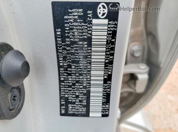 5YFS4MCEXNP104584 2022 TOYOTA COROLLA Silver VIN კოდის სტიკერის ხედი
