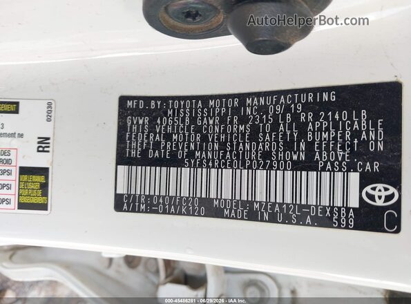 5YFS4RCE0LP027900 2020 TOYOTA COROLLA White Vista del compartimento del motor