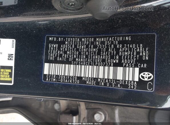 5YFS4RCE1LP007378 2020 TOYOTA COROLLA Black Vista del compartimento del motor