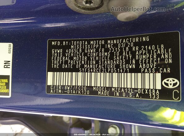 5YFS4RCE2LP051471 2020 TOYOTA COROLLA Blue Vista del compartimento del motor