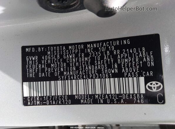 5YFS4RCE4LP031061 2020 TOYOTA COROLLA White Engine compartment view