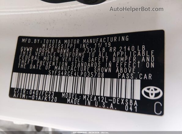 5YFS4RCE4LP035708 2020 TOYOTA COROLLA Белый Вид подкапотного пространства