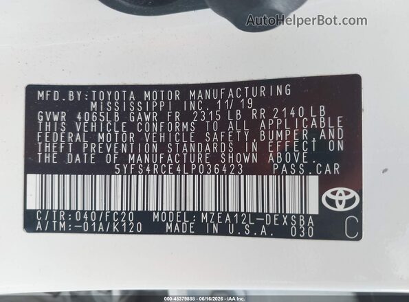 5YFS4RCE4LP036423 2020 TOYOTA COROLLA White Շարժիչի բաժամունքի տեսք