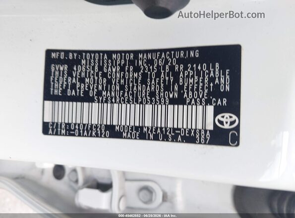 5YFS4RCE5LP053599 2020 TOYOTA COROLLA White Widok komory silnika