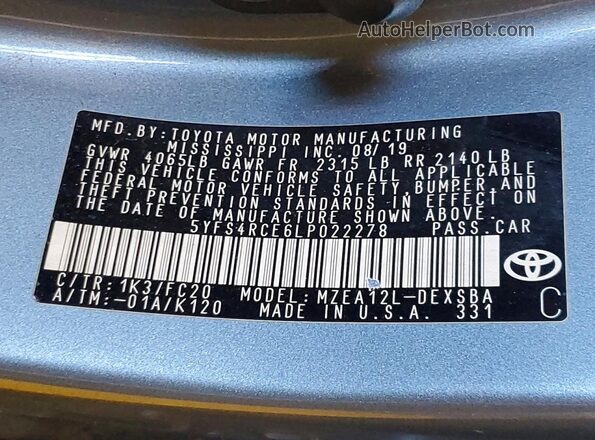 5YFS4RCE6LP022278 2020 TOYOTA COROLLA Gray VIN sticker view