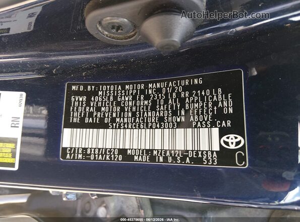 5YFS4RCE6LP043003 2020 TOYOTA COROLLA Blue Vista del compartimento del motor