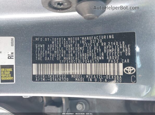 5YFS4RCE8LP046517 2020 TOYOTA COROLLA Blue Widok komory silnika