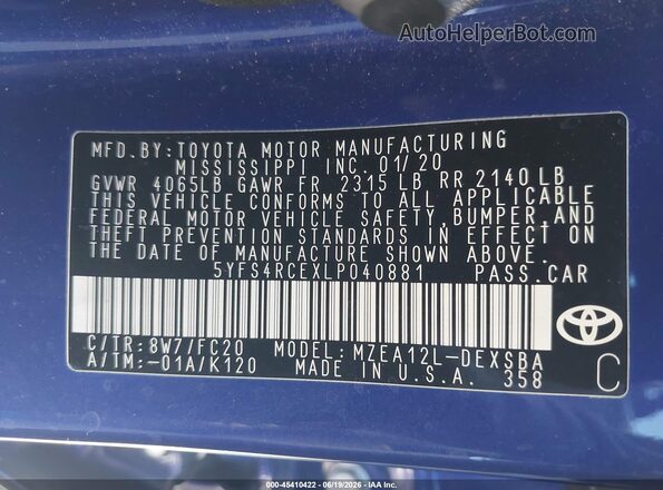 5YFS4RCEXLP040881 2020 TOYOTA COROLLA Blue ძრავის განყოფილების ხედი