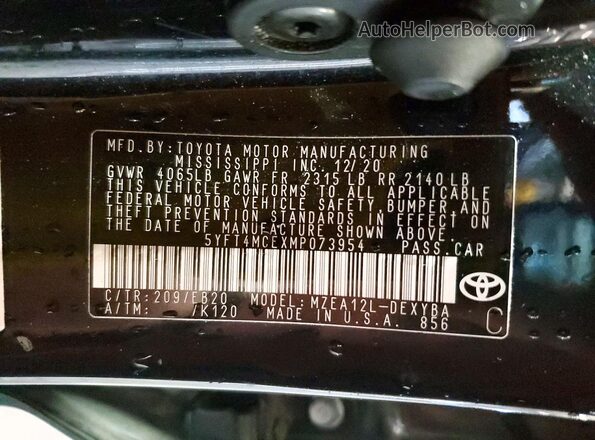 5YFT4MCEXMP073954 2021 TOYOTA COROLLA Black Вид наклейки з VIN-кодом