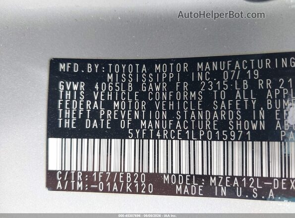 5YFT4RCE1LP015971 2020 TOYOTA COROLLA Silver Widok komory silnika