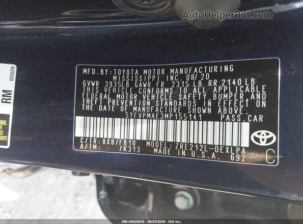 5YFVPMAE3MP155141 2021 TOYOTA COROLLA Blue Вид підкапотного простору