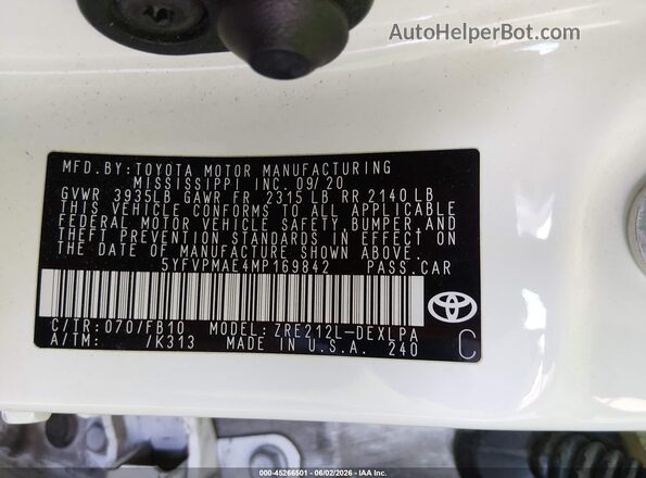 5YFVPMAE4MP169842 2021 TOYOTA COROLLA White Vista del compartimento del motor