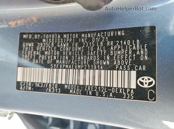 5YFVPMAE6MP211914 2021 TOYOTA COROLLA Blue Շարժիչի բաժամունքի տեսք
