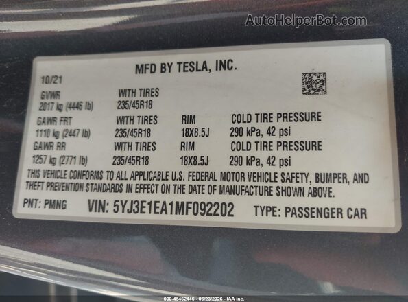 5YJ3E1EA1MF092202 2021 TESLA MODEL 3 Gray Շարժիչի բաժամունքի տեսք