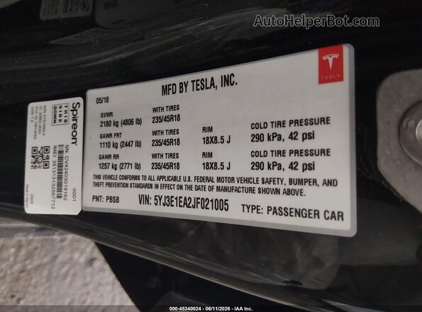 5YJ3E1EA2JF021005 2018 TESLA MODEL 3 Black Engine compartment view