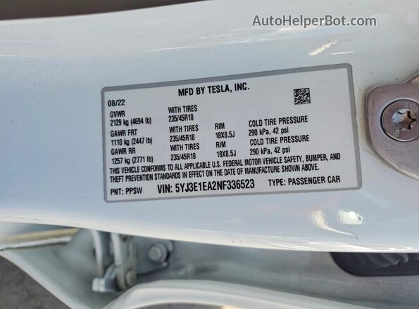 5YJ3E1EA2NF336523 2022 TESLA MODEL White 