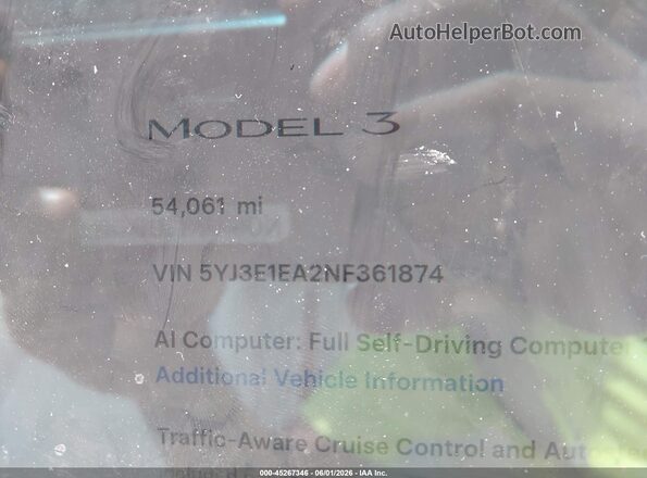 5YJ3E1EA2NF361874 2022 TESLA MODEL 3 Gray Vista de los asientos traseros