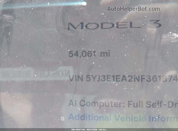 5YJ3E1EA2NF361874 2022 TESLA MODEL 3 Gray Vista interior de 360 grados