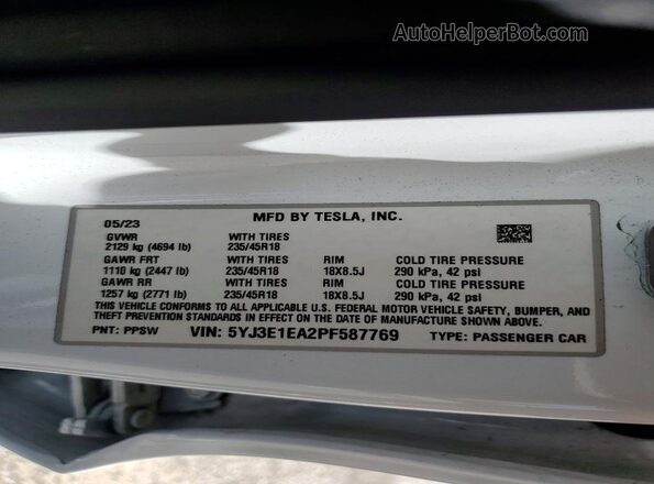 5YJ3E1EA2PF587769 2023 TESLA MODEL White VIN sticker view