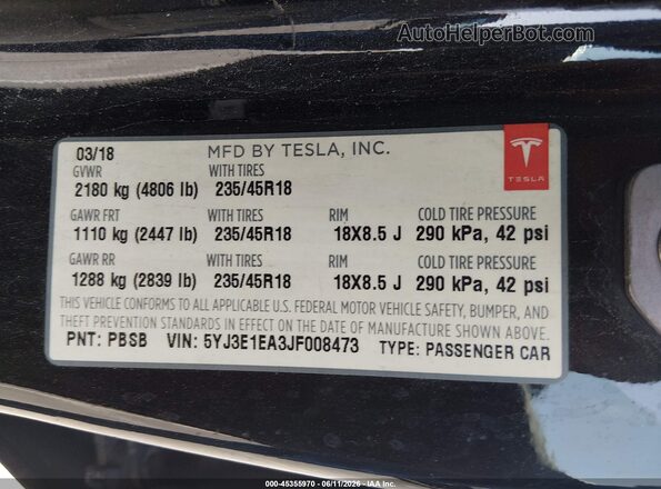5YJ3E1EA3JF008473 2018 TESLA MODEL 3 Черный Вид подкапотного пространства