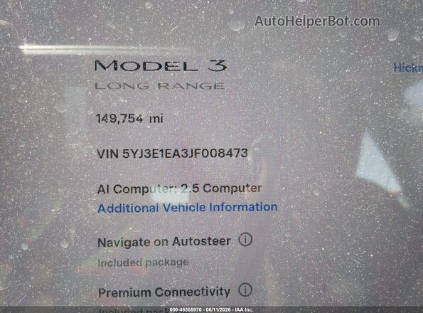 5YJ3E1EA3JF008473 2018 TESLA MODEL 3 Черный Панорамный вид салона 360°
