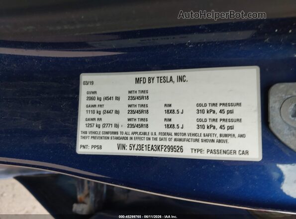 5YJ3E1EA3KF299526 2019 TESLA MODEL 3 Blue ძრავის განყოფილების ხედი