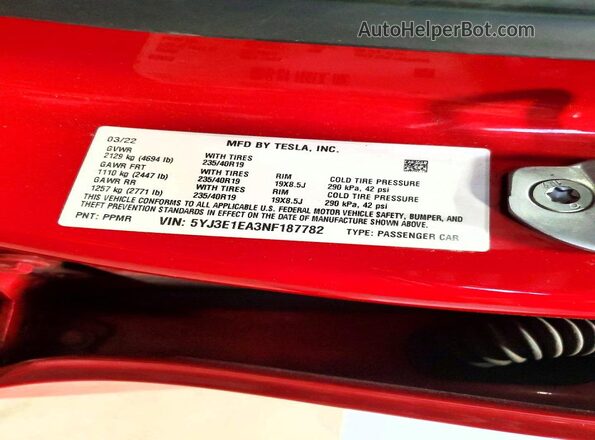 5YJ3E1EA3NF187782 2022 TESLA MODEL Red 